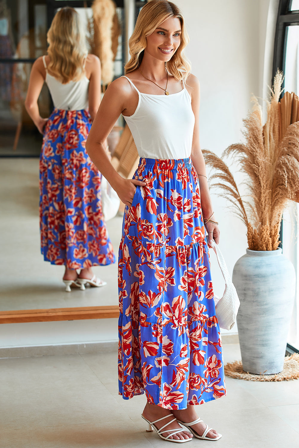 Blue Bohemian Floral Print Tiered Maxi Skirt with Split