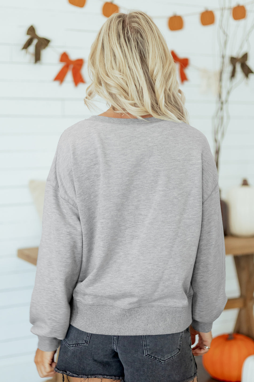 Medium Grey Sequin Western Ghost Print Long Sleeve Round Neck Sweatshirt