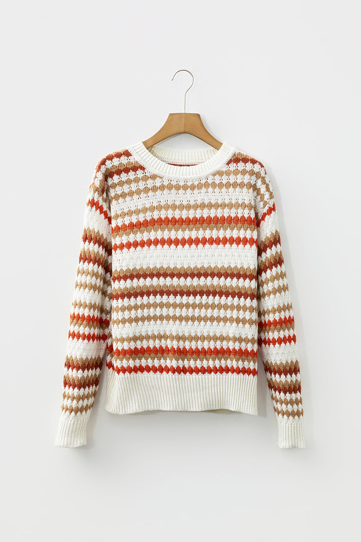 Brown Stripe Eyelet Patterned Drop Shoulder Sweater