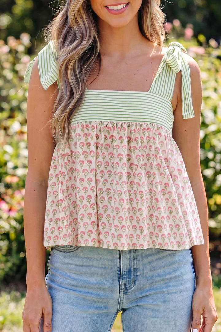 Green Fashion Printed Knot Straps Babydoll Tank Top