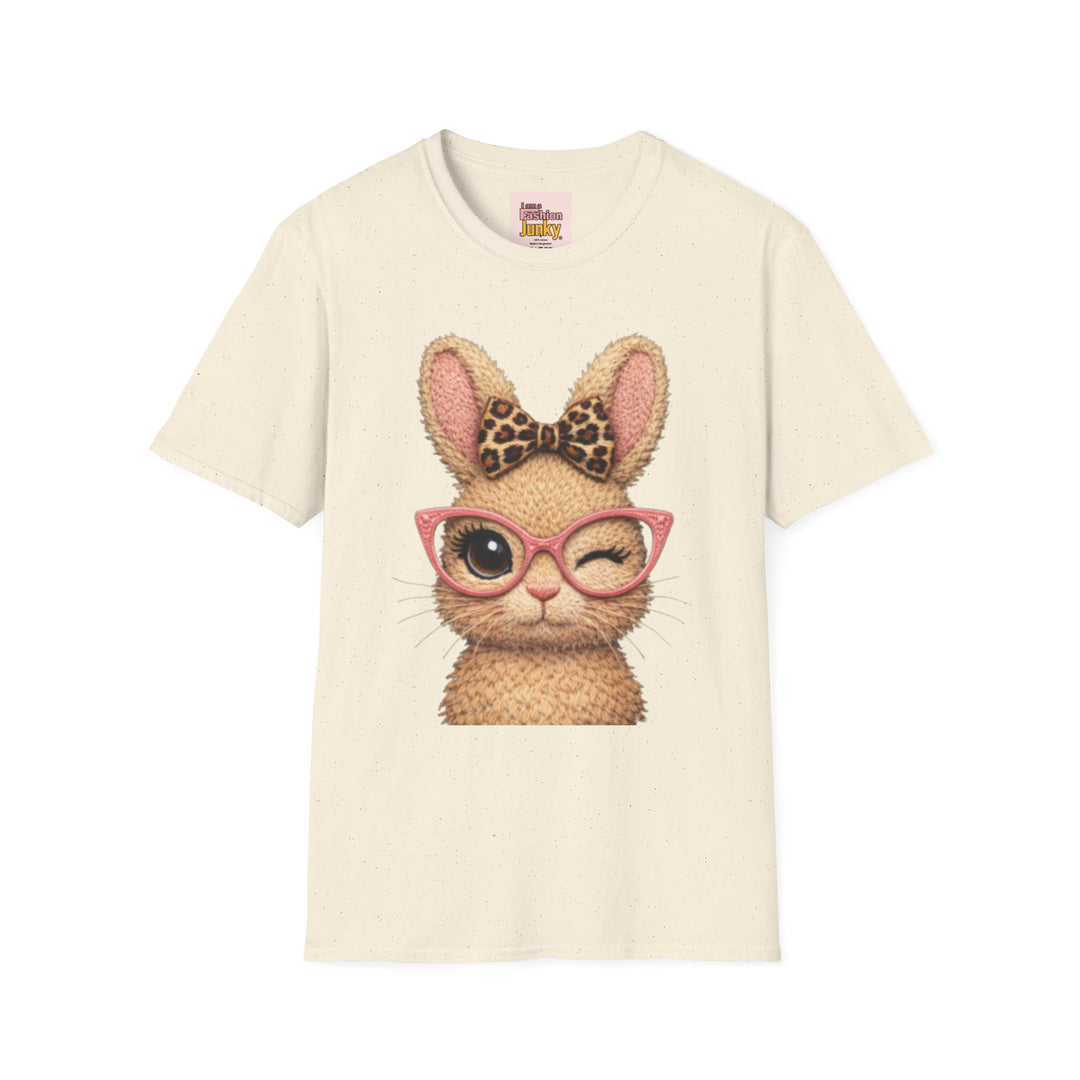 Winking Bunny Graphic Tee — Cute Bunny with Leopard Bow & Pink Glasses