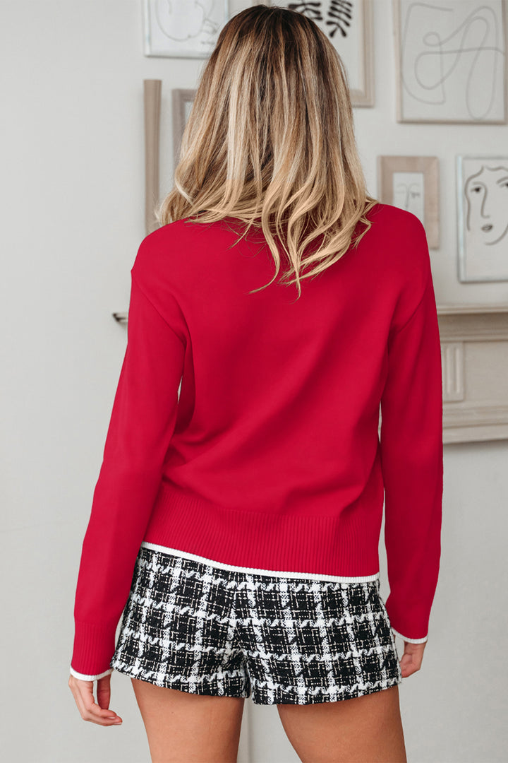 Fiery Red Contrast Trim Big Bow Accent Holiday Cropped Sweater