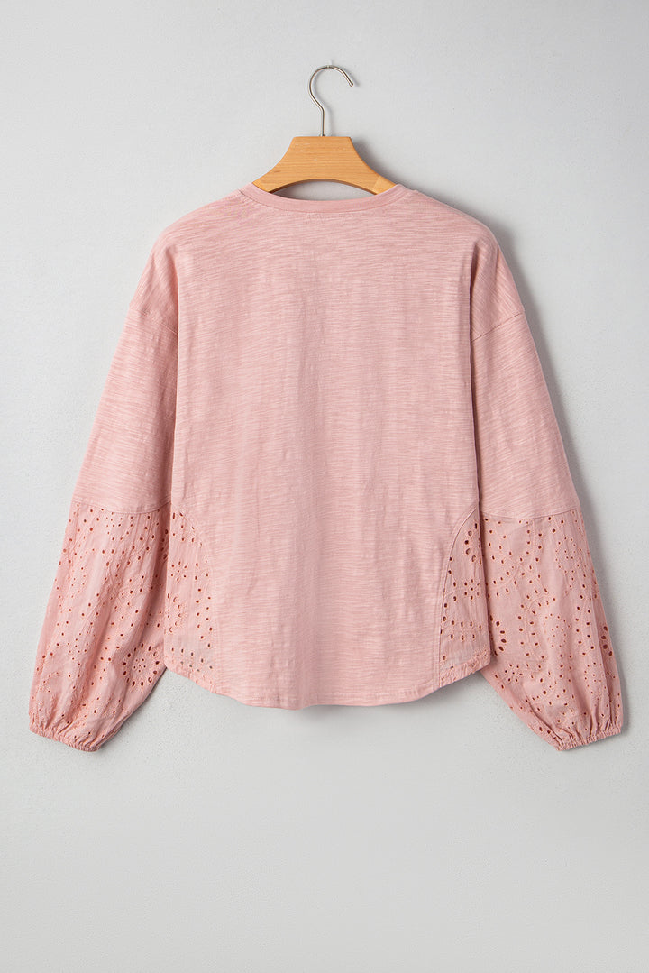 Light Pink Keyhole Notch V Neck Batwing Sleeve Blouse