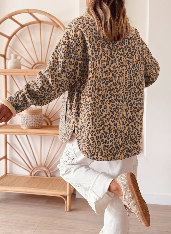 Khaki Leopard Print Collar Long Sleeve Patch Pocket Shift Denim Jacket