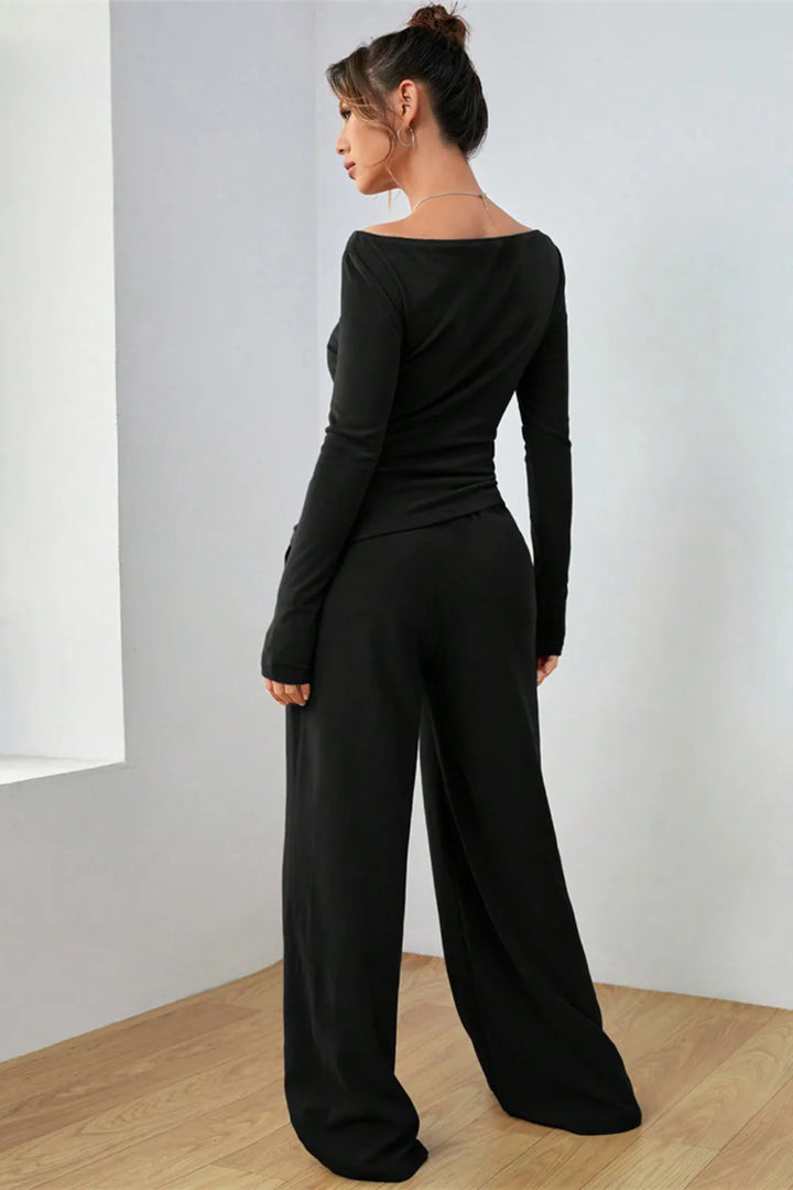 Boat Neck Long Sleeve Top and Pants Set