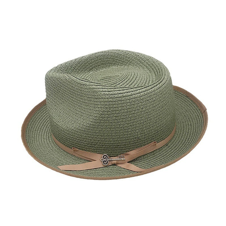 Olive Green Rolled-brim Straw Hat With Bow For Sun Protection Artistic Style For Men And Women