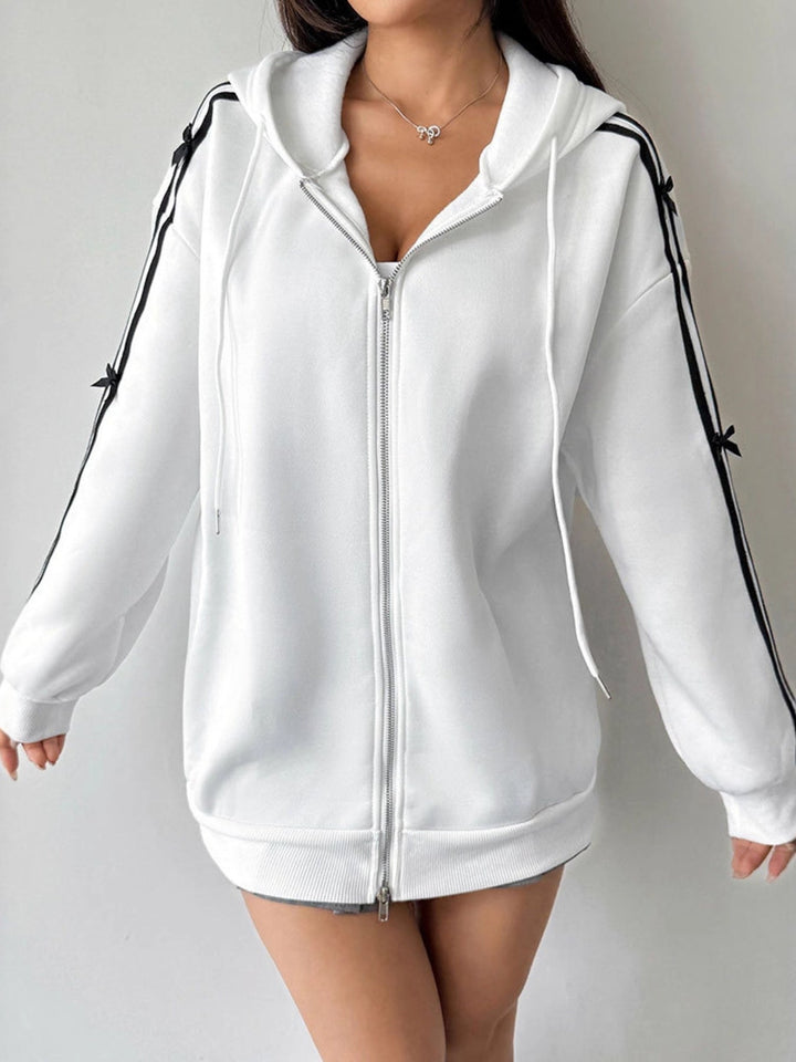 Striped Sleeve Zip-Up Drawstring Hoodie