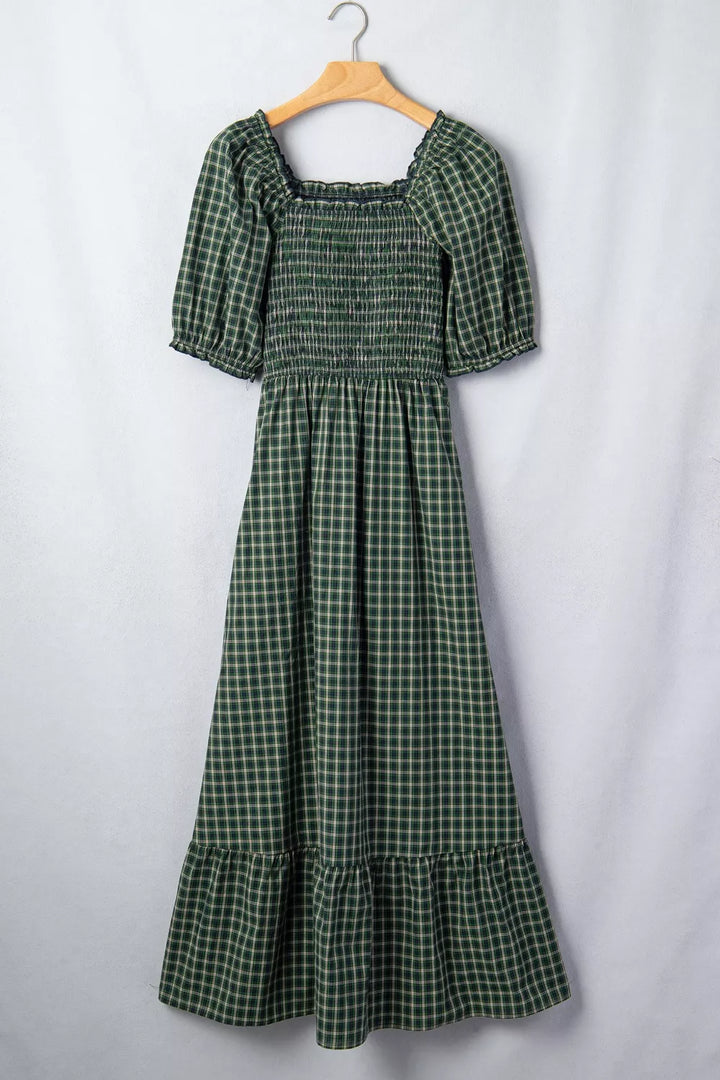 Plaid Square Neck Shirred High Waist Ruffle Hem Maxi Dress