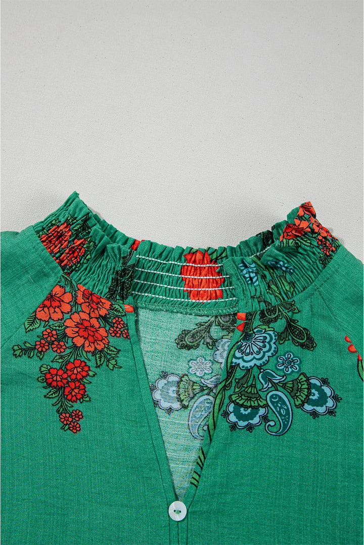 Chemisier à manches courtes et col en V boutonné à imprimé floral vert vif