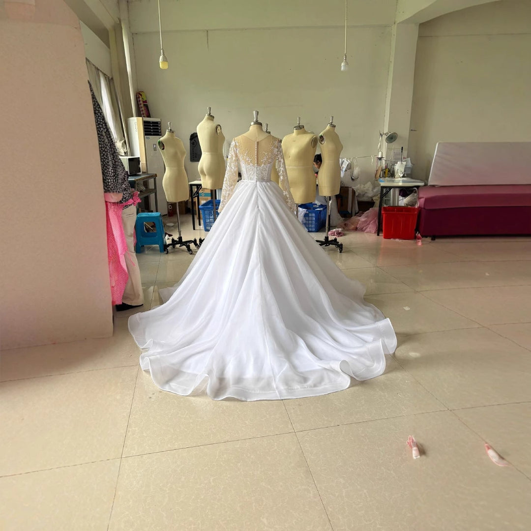 Embroidered Long Sleeve Off-the-shoulder Wedding Dress