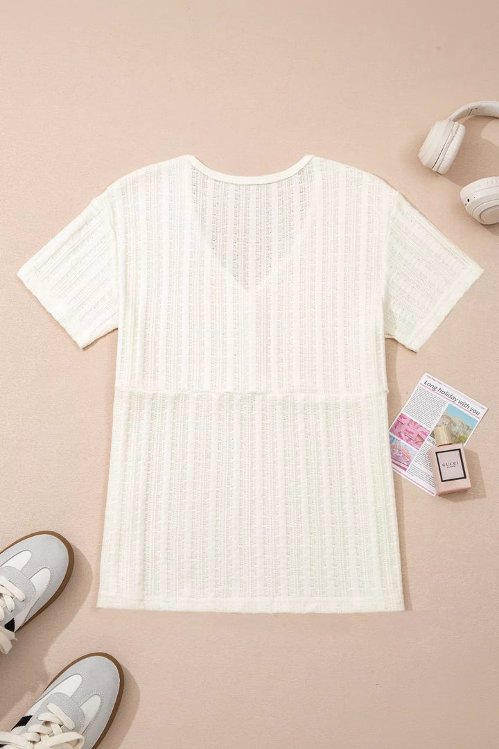 Ribbed Knit Button Detail V-Neck T-Shirt