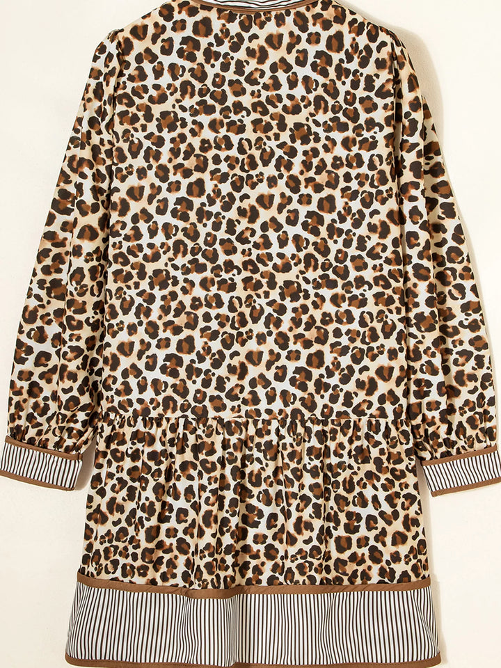Leopard Print Striped Patchwork 3/4 Sleeve Loose Mini Dress