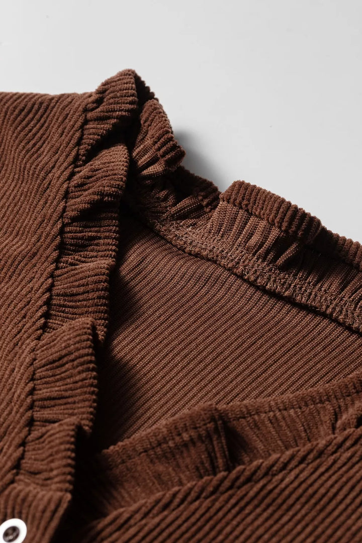 Solid Color Ruffle Trim V Neck Long Sleeve Button Corduroy Shakcet