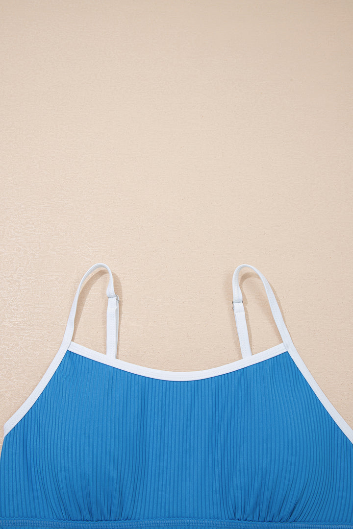Dusk Blue Color Block Edge Ribbed Pocketed Lined Swim Dress