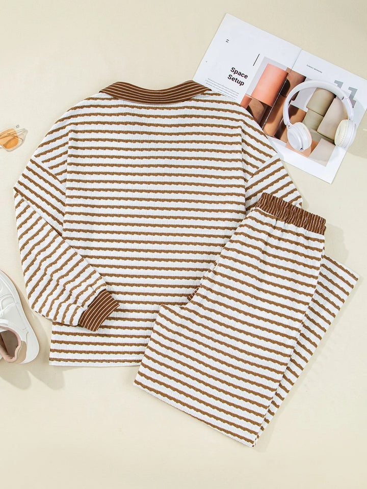 Stripe Collared Top and Drawstring Pant Set