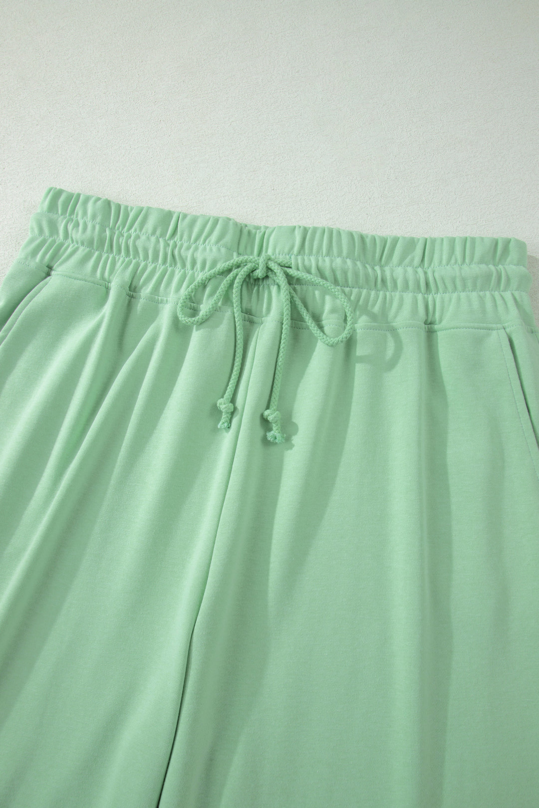 Clearly Aqua Solid Color Ribbed Trim Short Sleeve Top Drawstring Loose Pants 2pcs Outfit