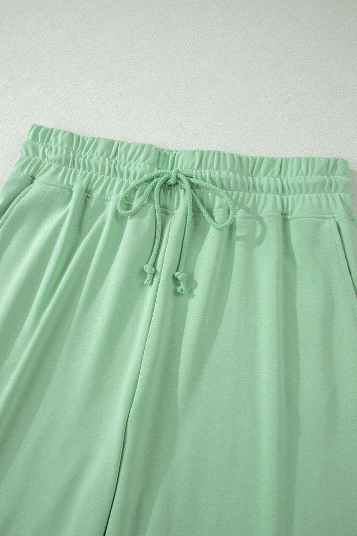Clearly Aqua Solid Color Ribbed Trim Short Sleeve Top Drawstring Loose Pants 2pcs Outfit