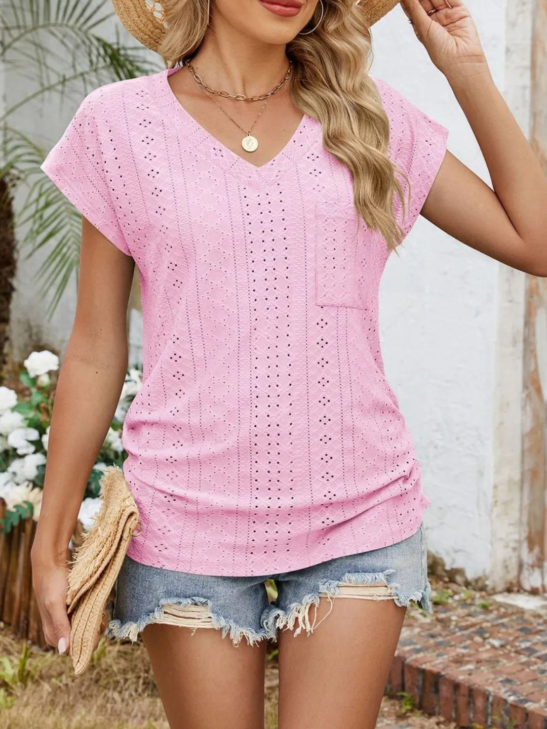 Eyelet V-Neck Short Sleeve Top
