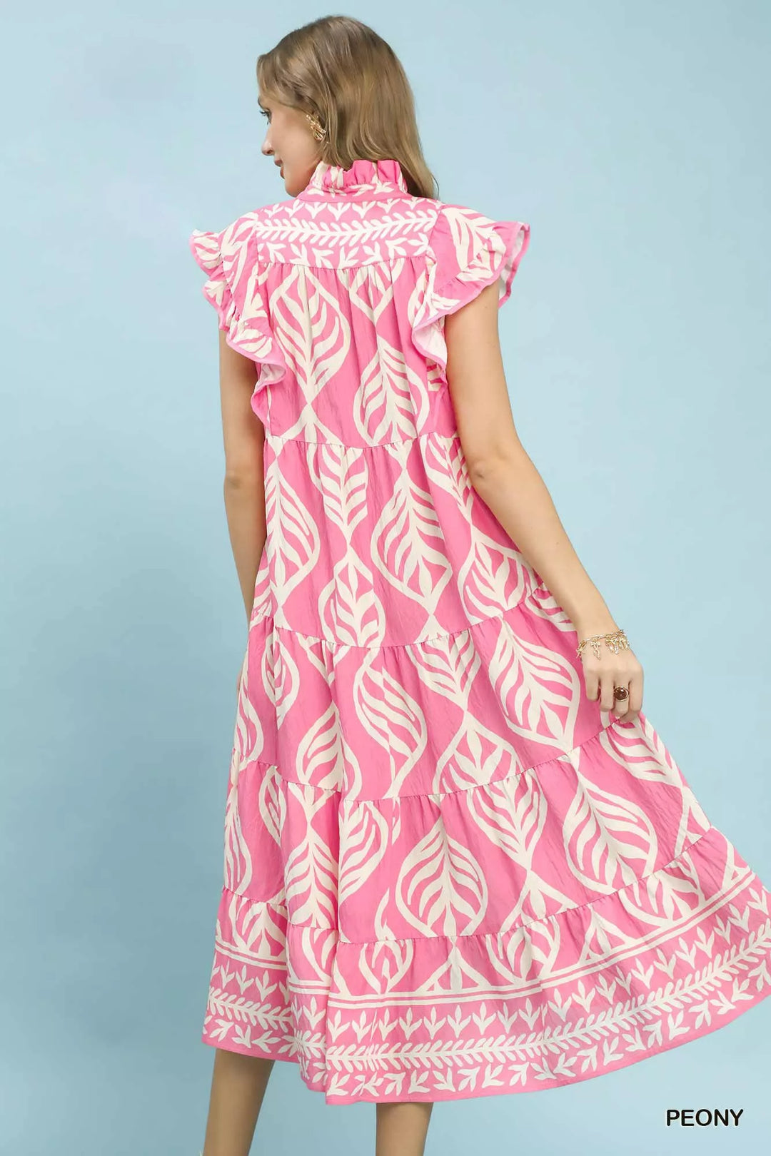 Umgee Leaf Print Tiered Maxi Dress with Pockets