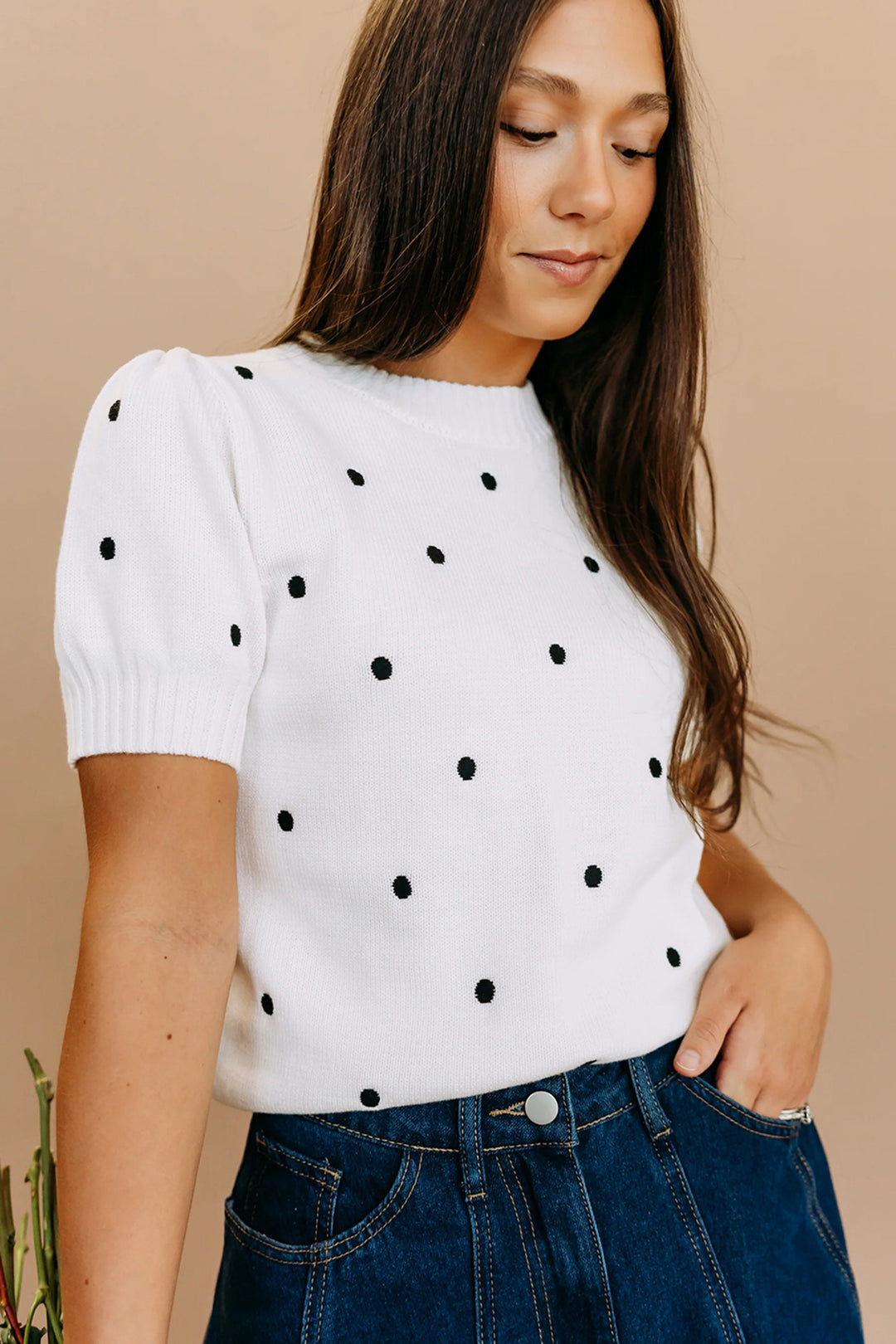 White Elegant Polka Dot Bubble Short Sleeve Sweater