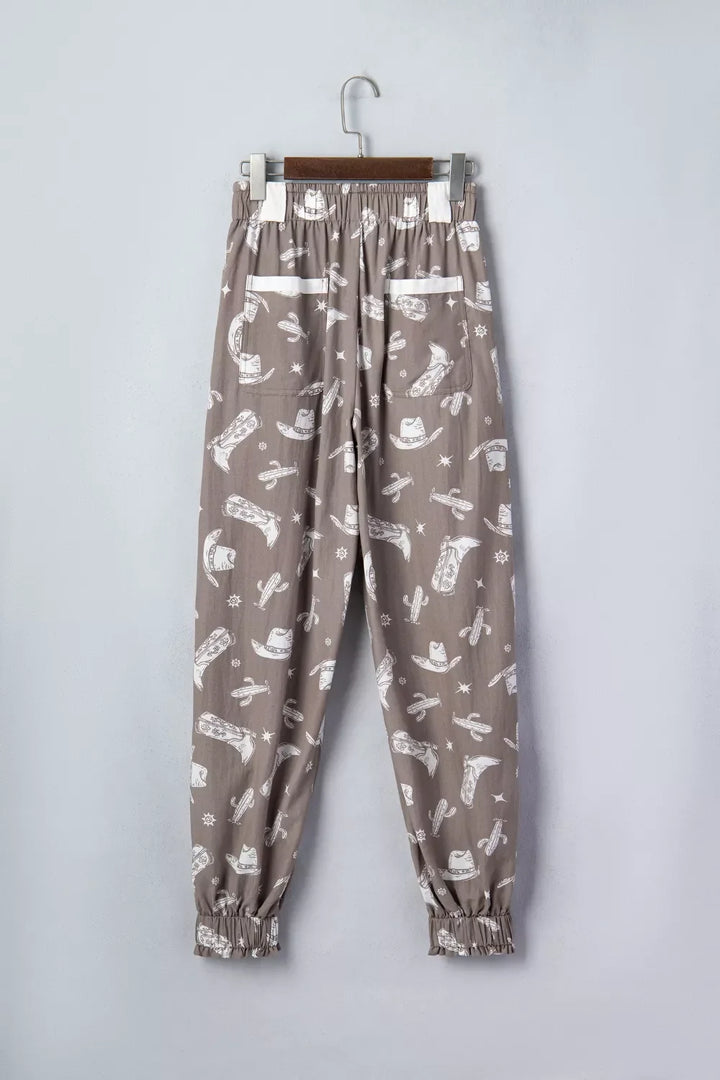 Western Cactus Cowgirl Hat Boot Printed Vintage Drawstring Jogger Pants