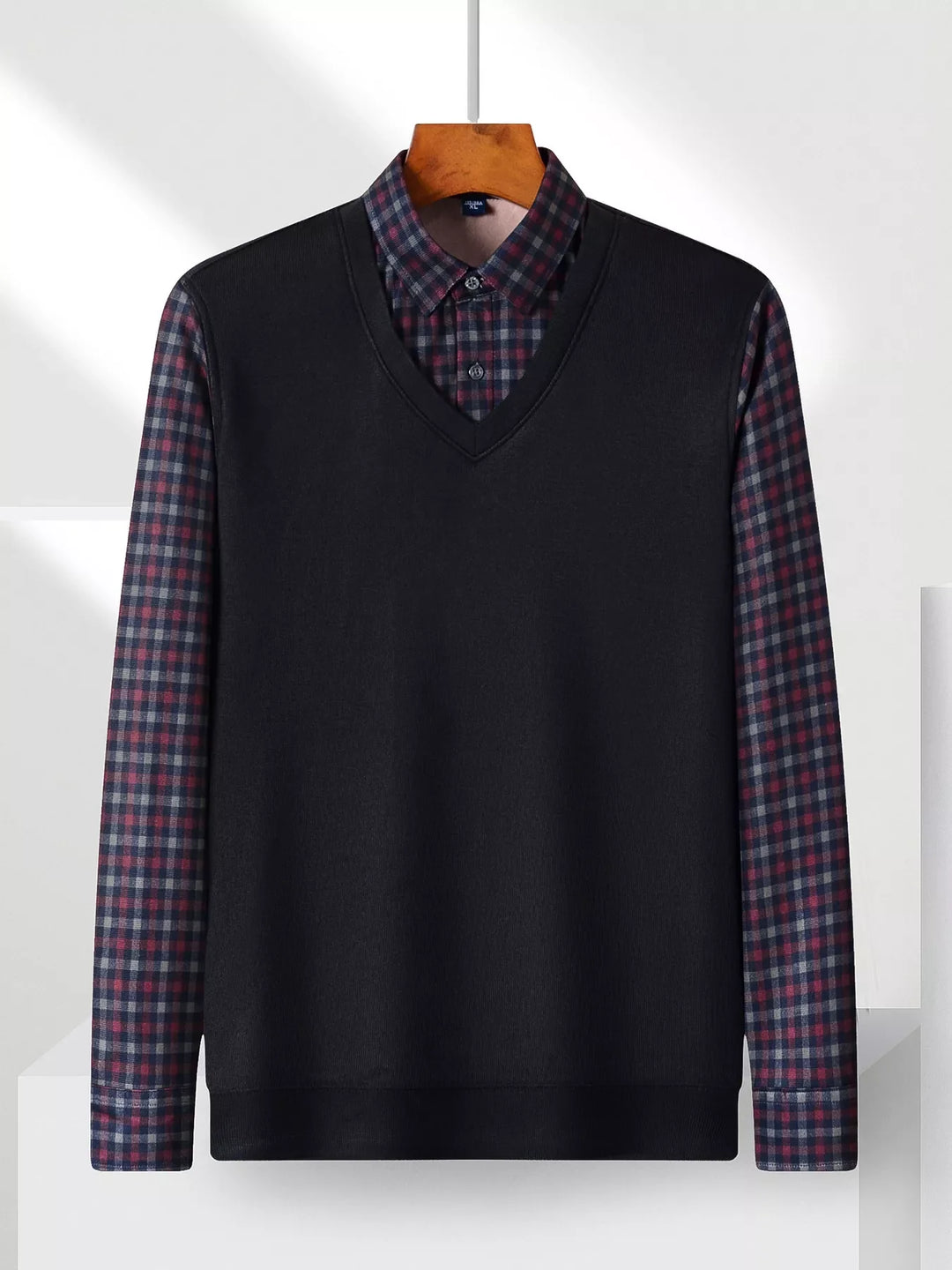 Men's Plus Size Striped Long Sleeve Fake Two-Piece Knit Top