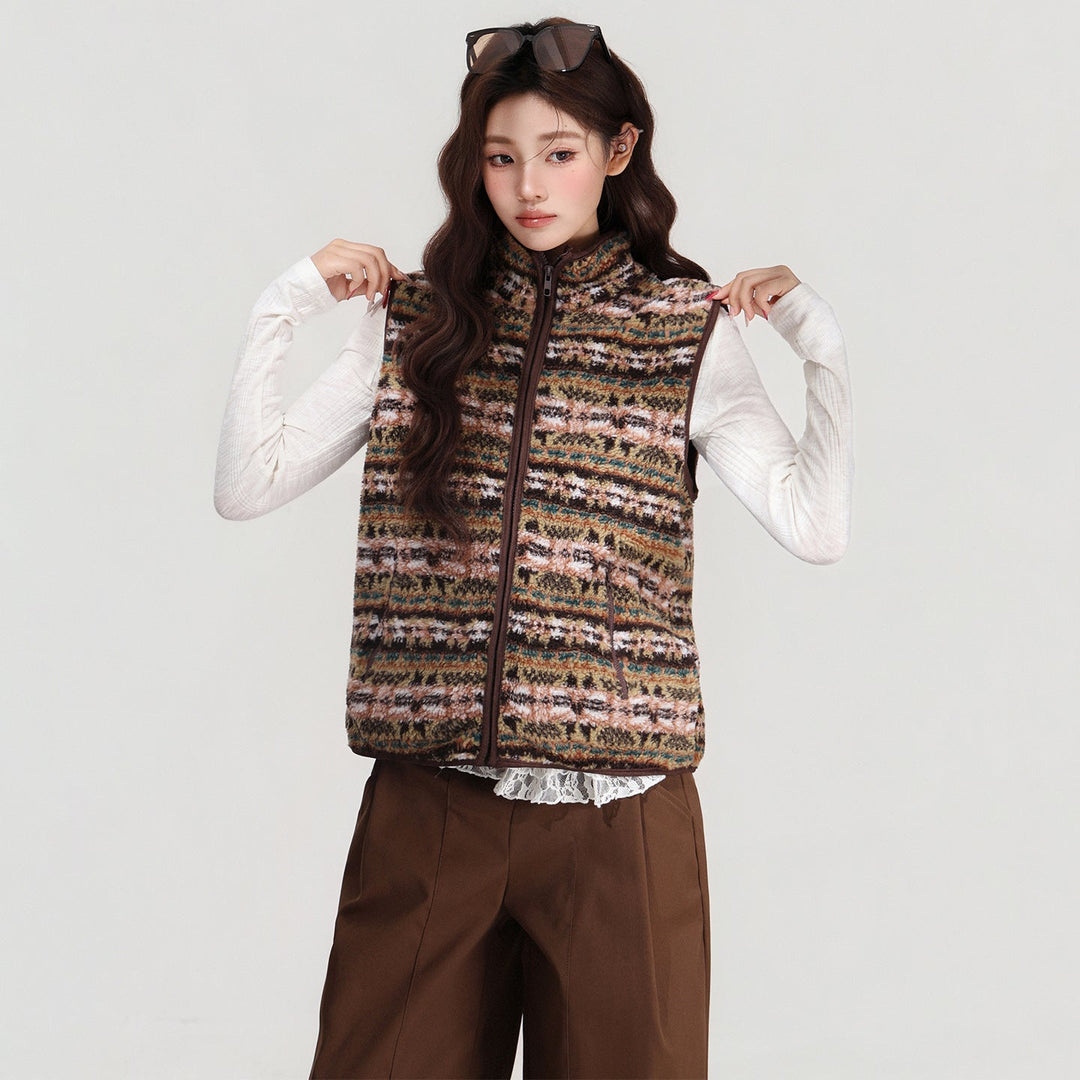 Retro Stand-collar Lamb Wool Vest Women's Cardigan Jacket For Autumn And Winter Layering