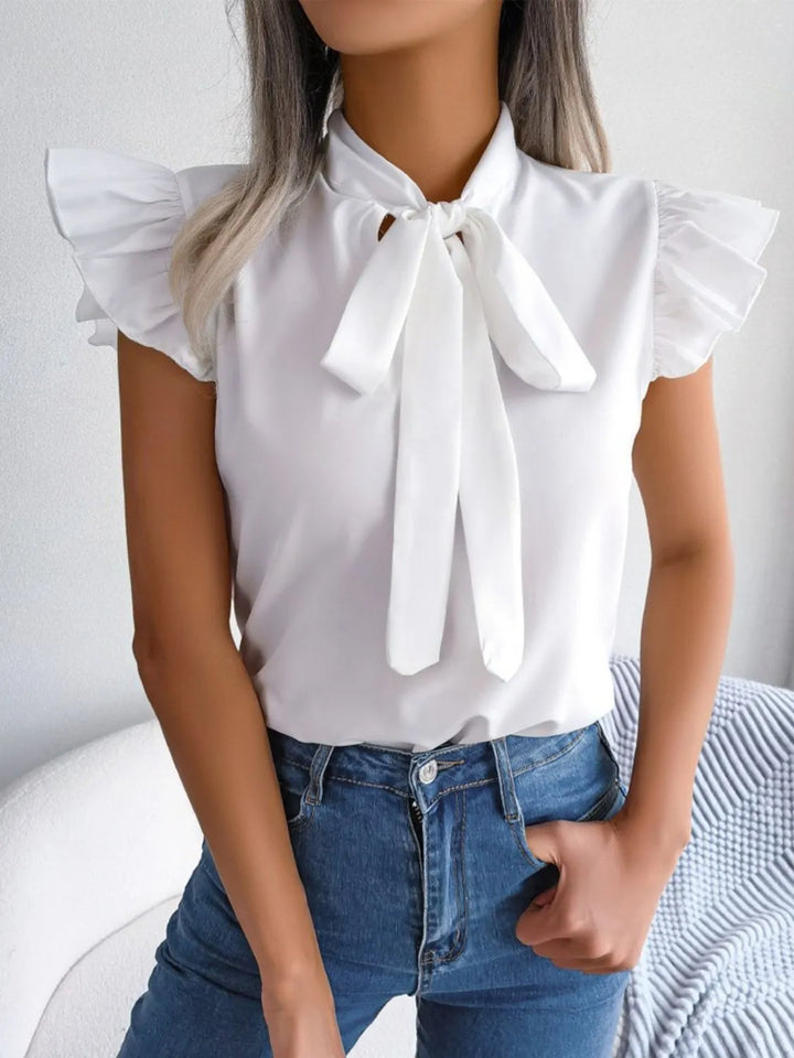 Ruffle Cap Sleeve Bow Tie Blouse