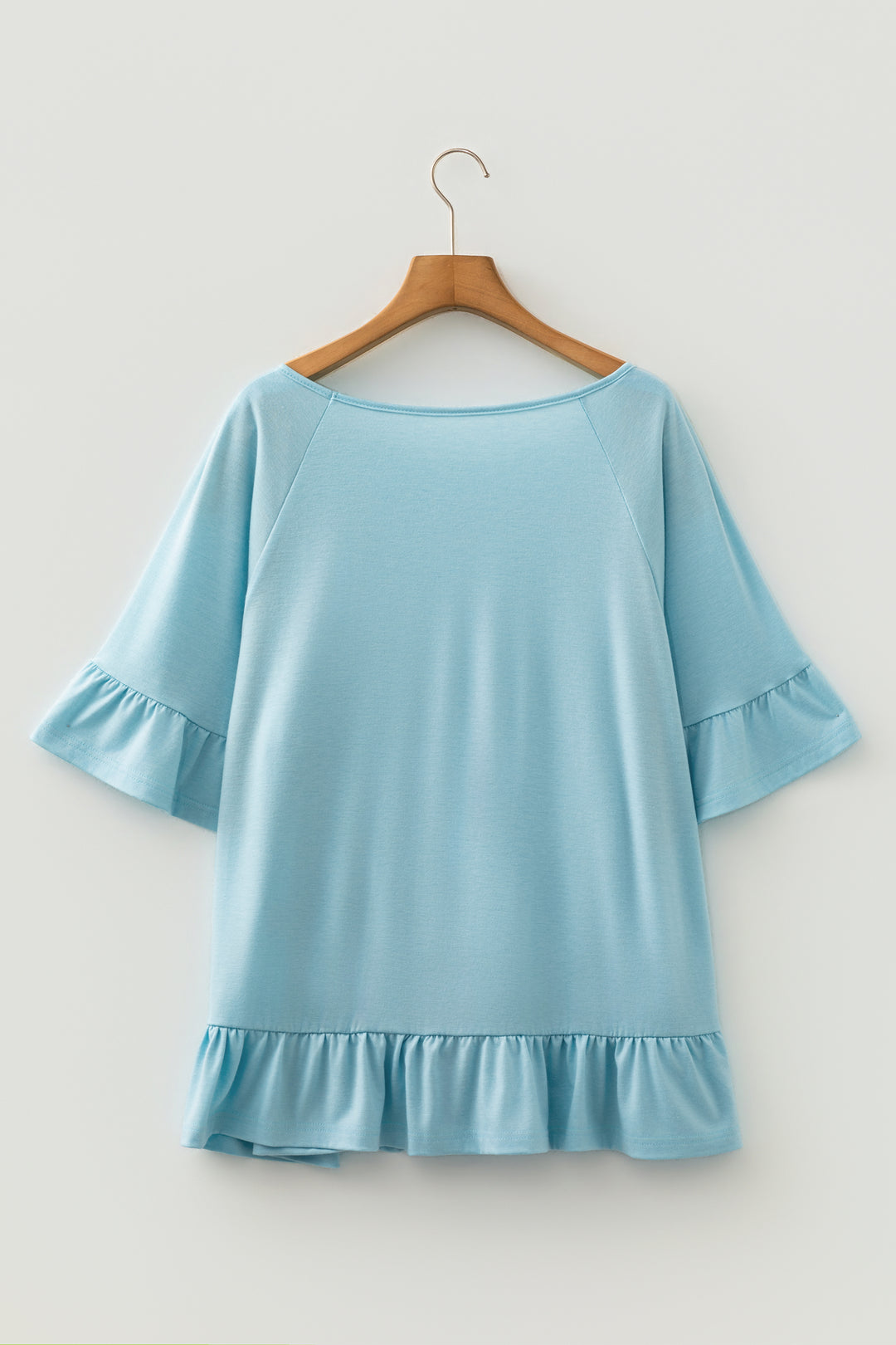 Light Blue Ruffled Short Sleeve Plus Size Casual Blouse