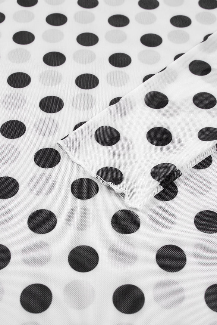 White Polka Dot Mesh Long Sleeve Stand Neck Sheath Top