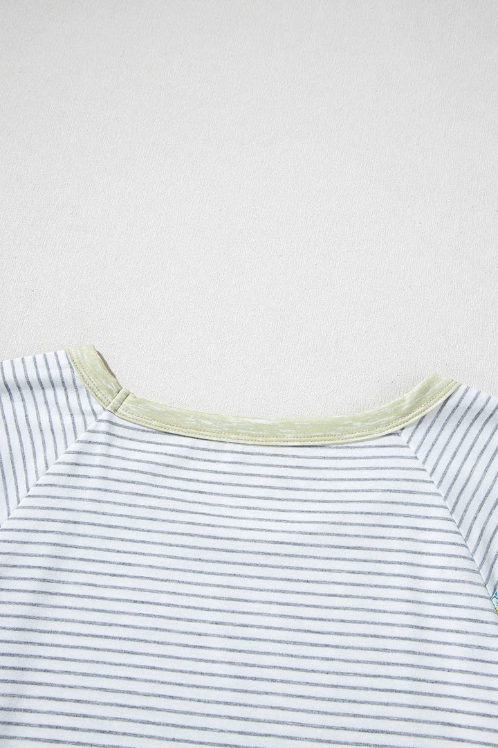 Stripe Floral Insert Sleeves Contrast Round Neck Tee