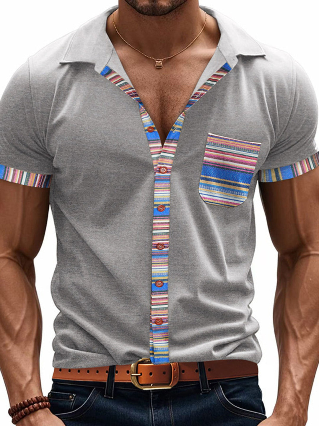 Men's Full Size Short Sleeve Shirt with Colorful Trim Plus Size