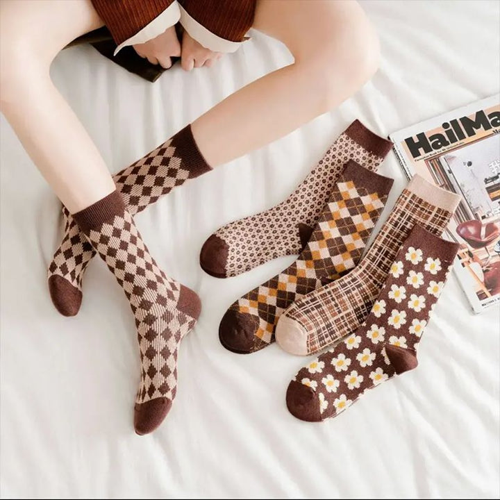 Double-Needle Dual-Channel Sweat-Absorbing Breathable Wireless Top Preppy-Style Mid-Calf Women's Socks