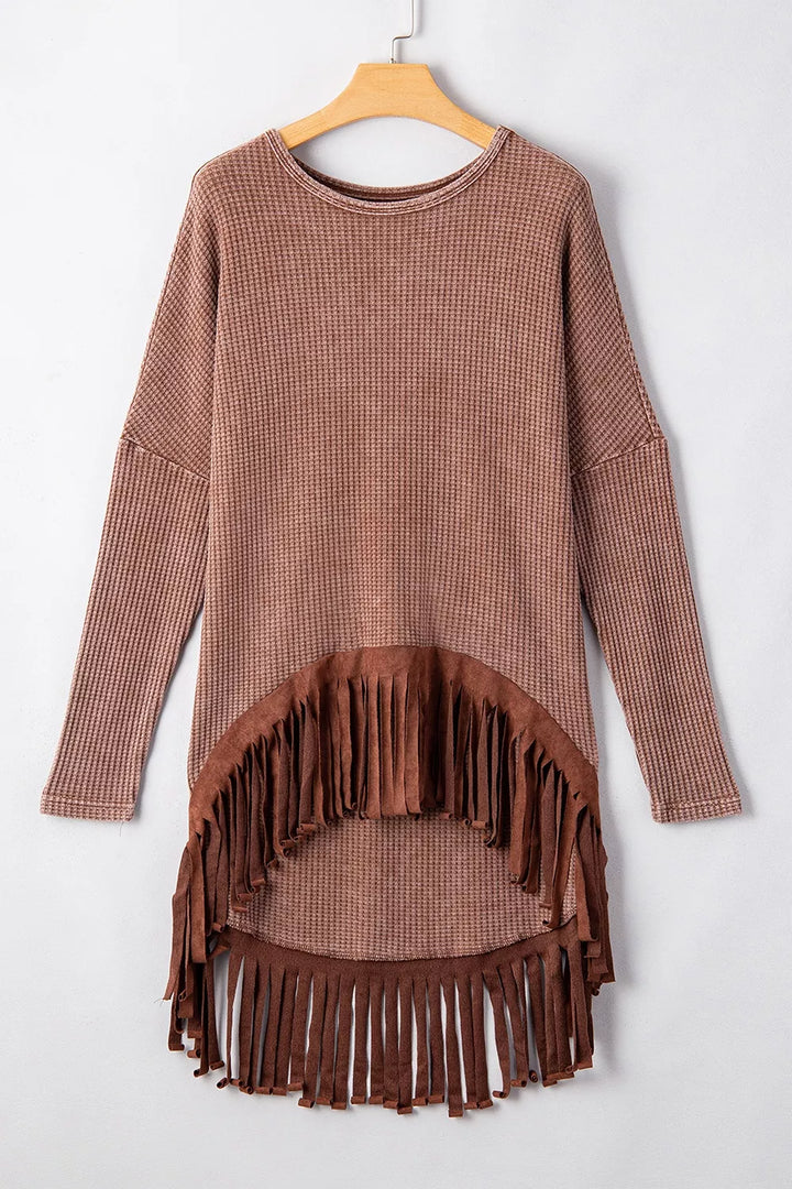 Waffle Knit Fringed High Low Loose Top