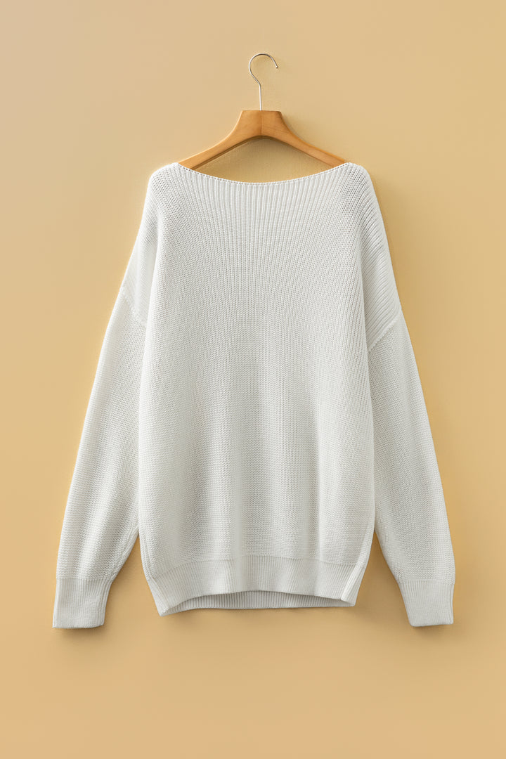 White Asymmetric Neck Drop Shoulder Baggy Slouchy Sweater