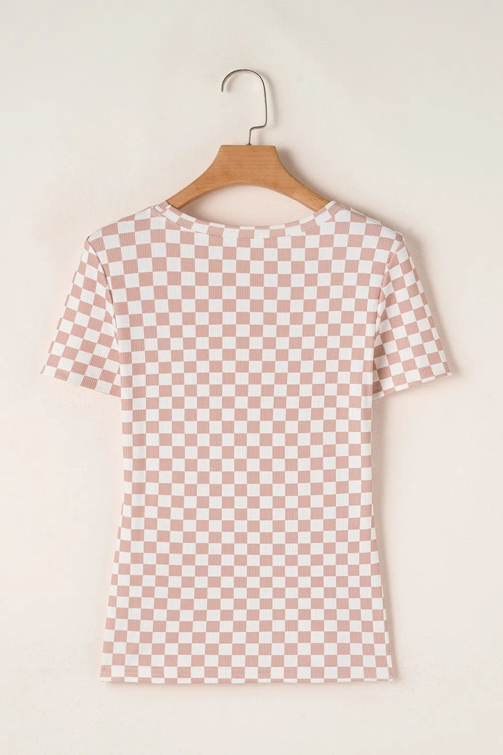 Checkered Ribbed Slim Fit Crew Neck T Shirt