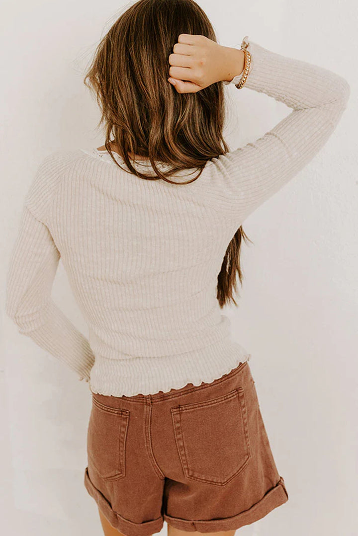 Beige Lace Neckline Button Decor Lettuce Edge Long Sleeve Ribbed Top