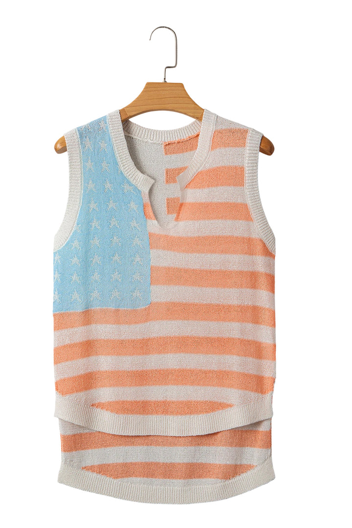 Beige USA Flag Notched Neckline Loose Sweater Vest