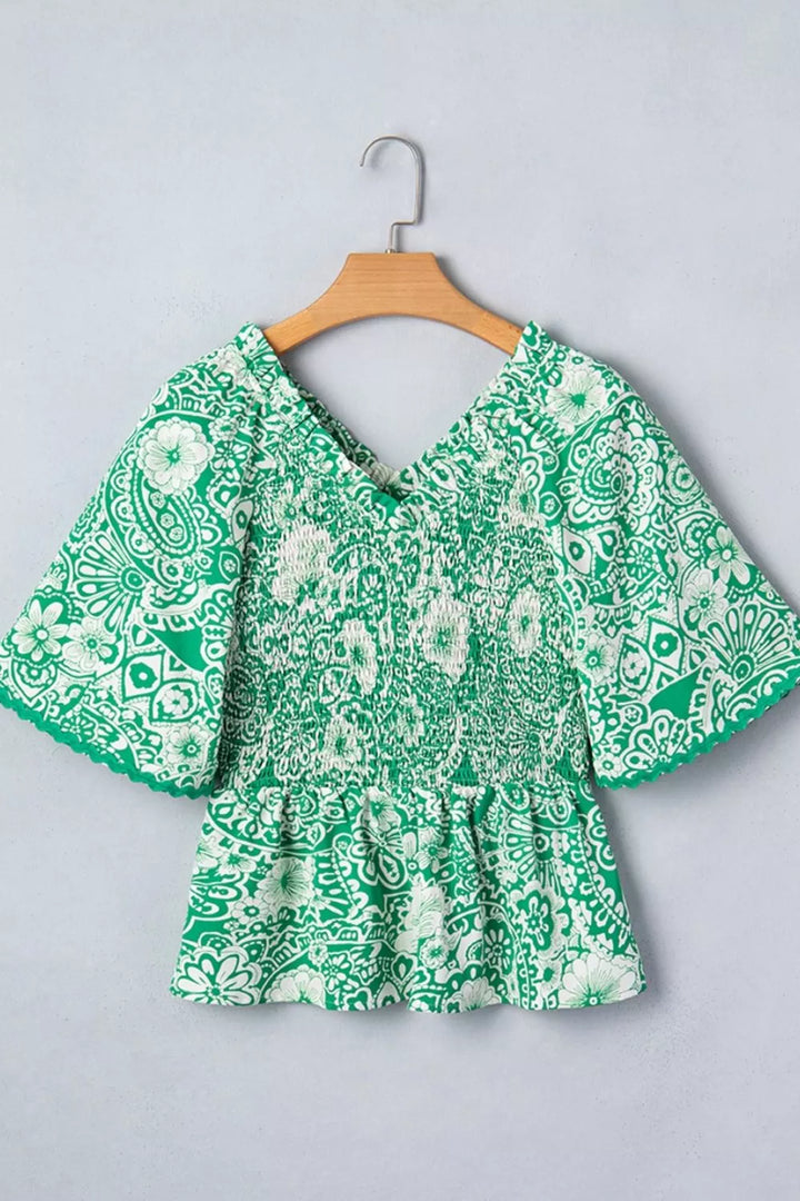 Flirty Floral Smocked V Neck Blouse
