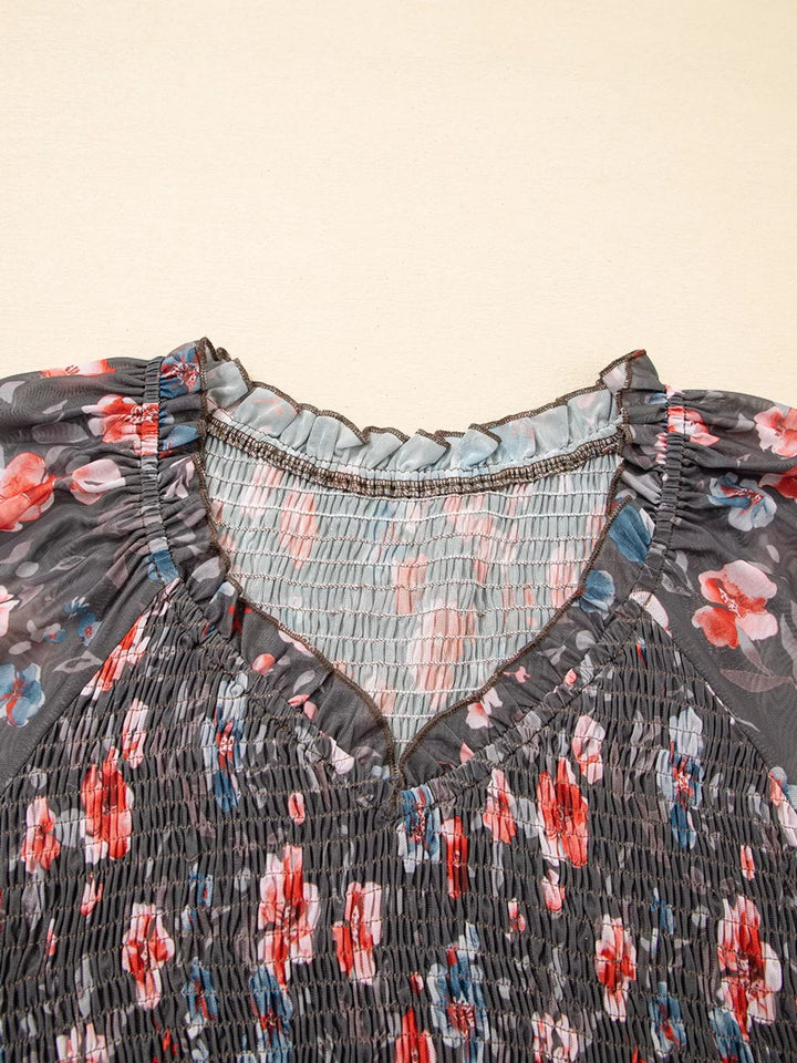 Frilly Smocked Bodice Floral Mesh Long Sleeve Mini Dress