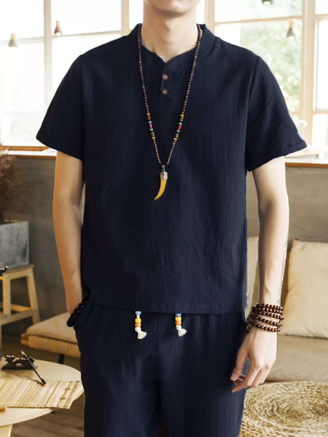 Men's Plus Size Button Detail Short Sleeve Top and Pants Set