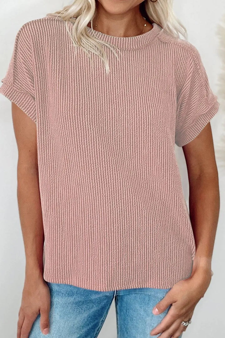 Casual Ribbed Short Sleeve Round Neck T-Shirt