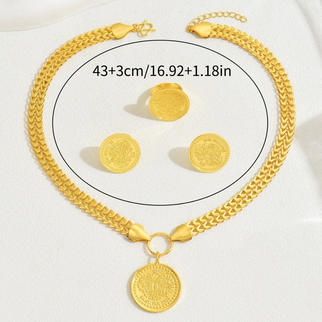 Fashion OL Tree Of Life Round Pendant Jewelry Set, Matching Necklace Earrings With Electroplated 18K Versatile Ring Women Accessories