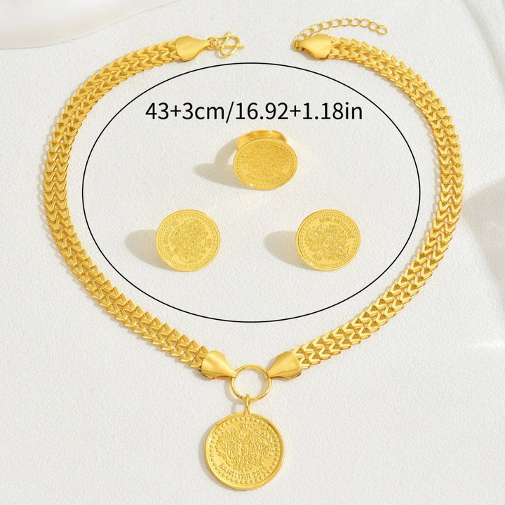 Fashion OL Tree Of Life Round Pendant Jewelry Set, Matching Necklace Earrings With Electroplated 18K Versatile Ring Women Accessories