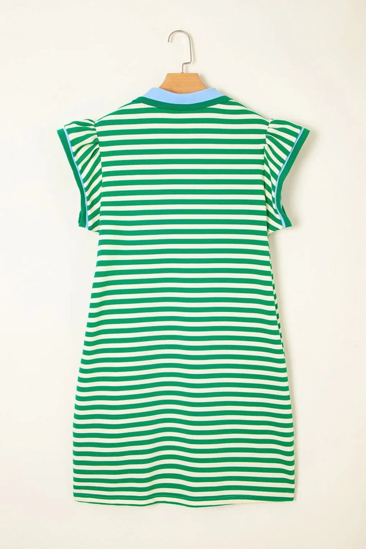 Stripe Print Contrast Collar Split Neck Flutter Sleeve Dress