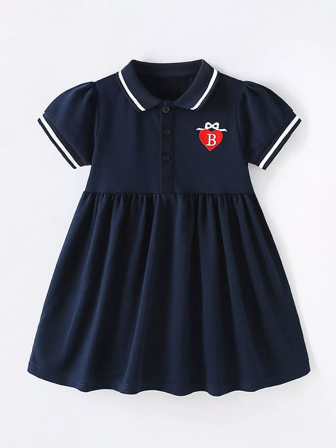 Children's Polo Collar Flared Dress with Heart Embroidery