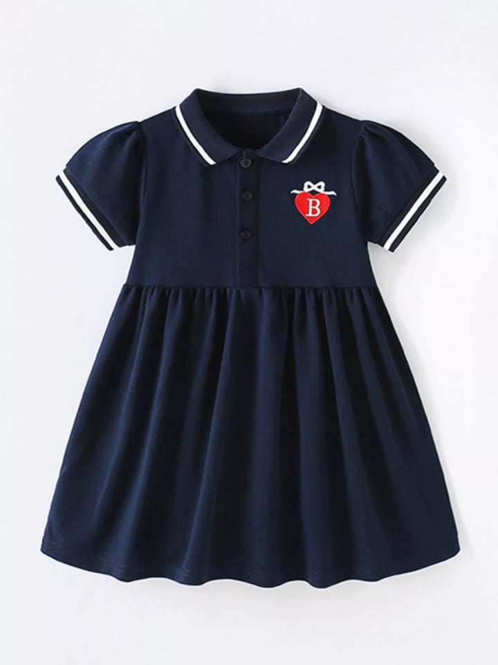 Children's Polo Collar Flared Dress with Heart Embroidery