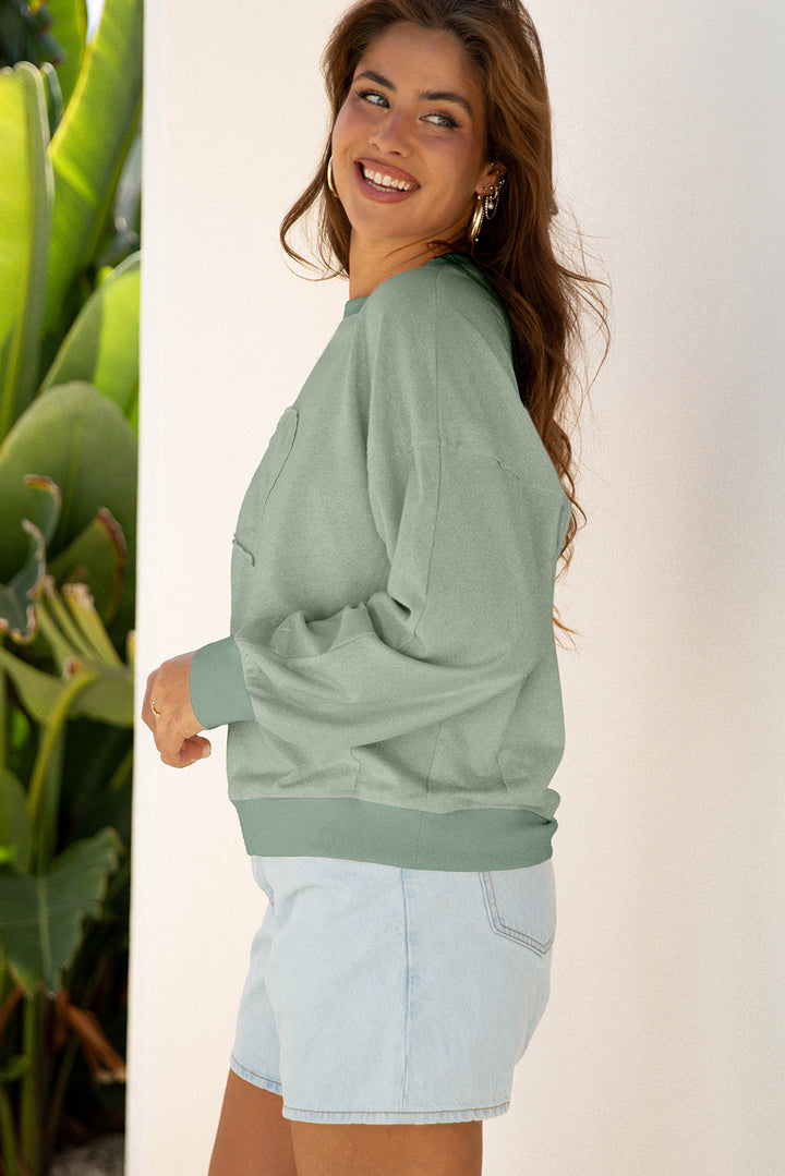 Smoke Green Raw Edge Flower Patch Drop Shoulder Casual Top