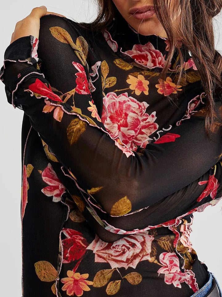 Floral Print Mock Neck Long Sleeve Top