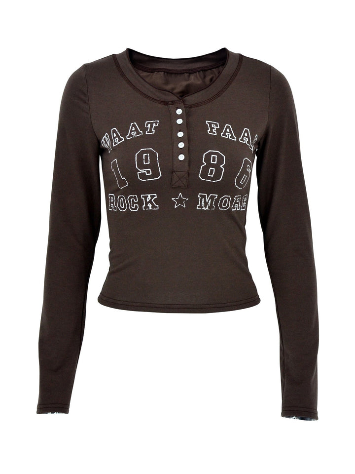 Letter Graphic Button Detail Long Sleeve T-Shirt